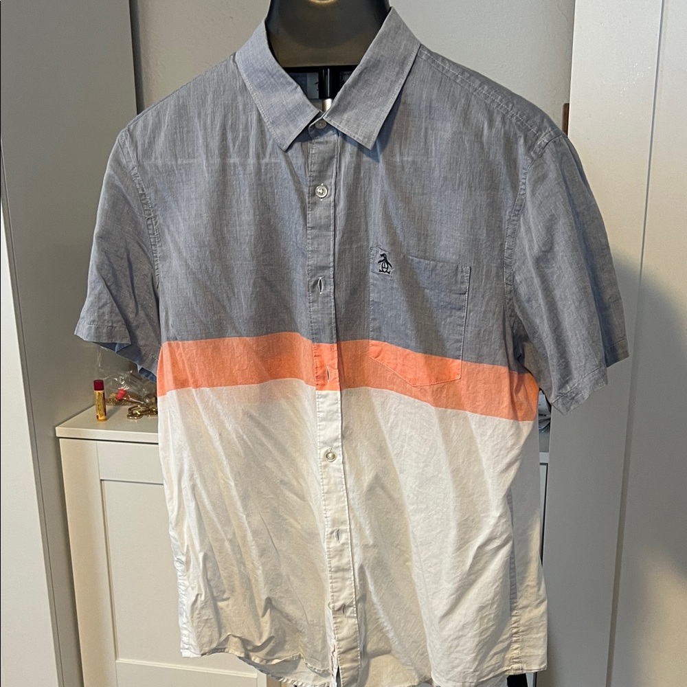 Original Penguin Men's Gray and White Shirt with Orange Stripe